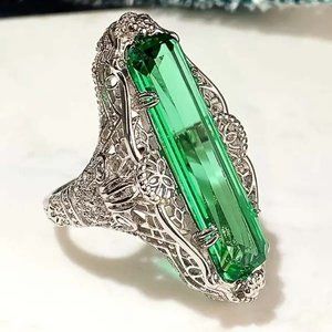 STRIKING ART DECO STERLING FINE FILIGREE PERIDOT BAR VERY LONG SZ 7 RING B